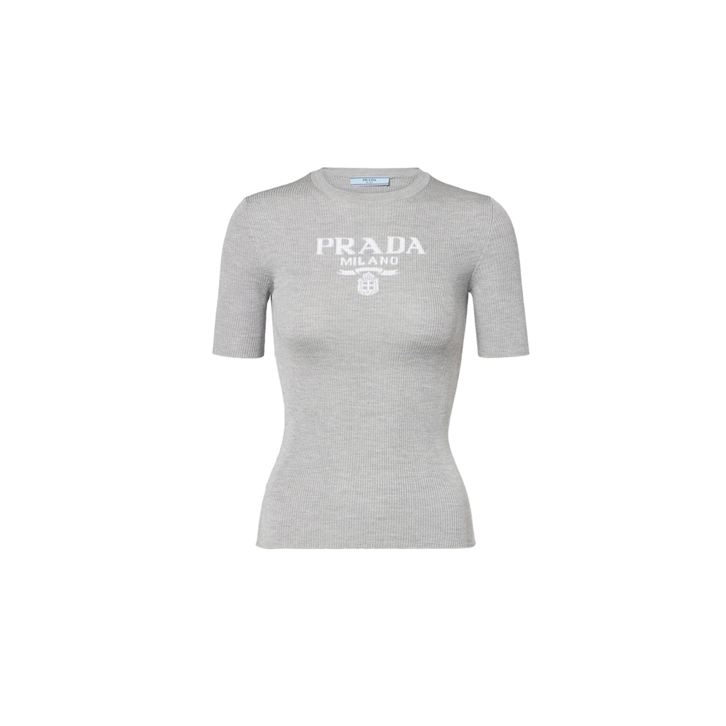 Pra*a women''s gray logo ribbed-trim silk t-shirt